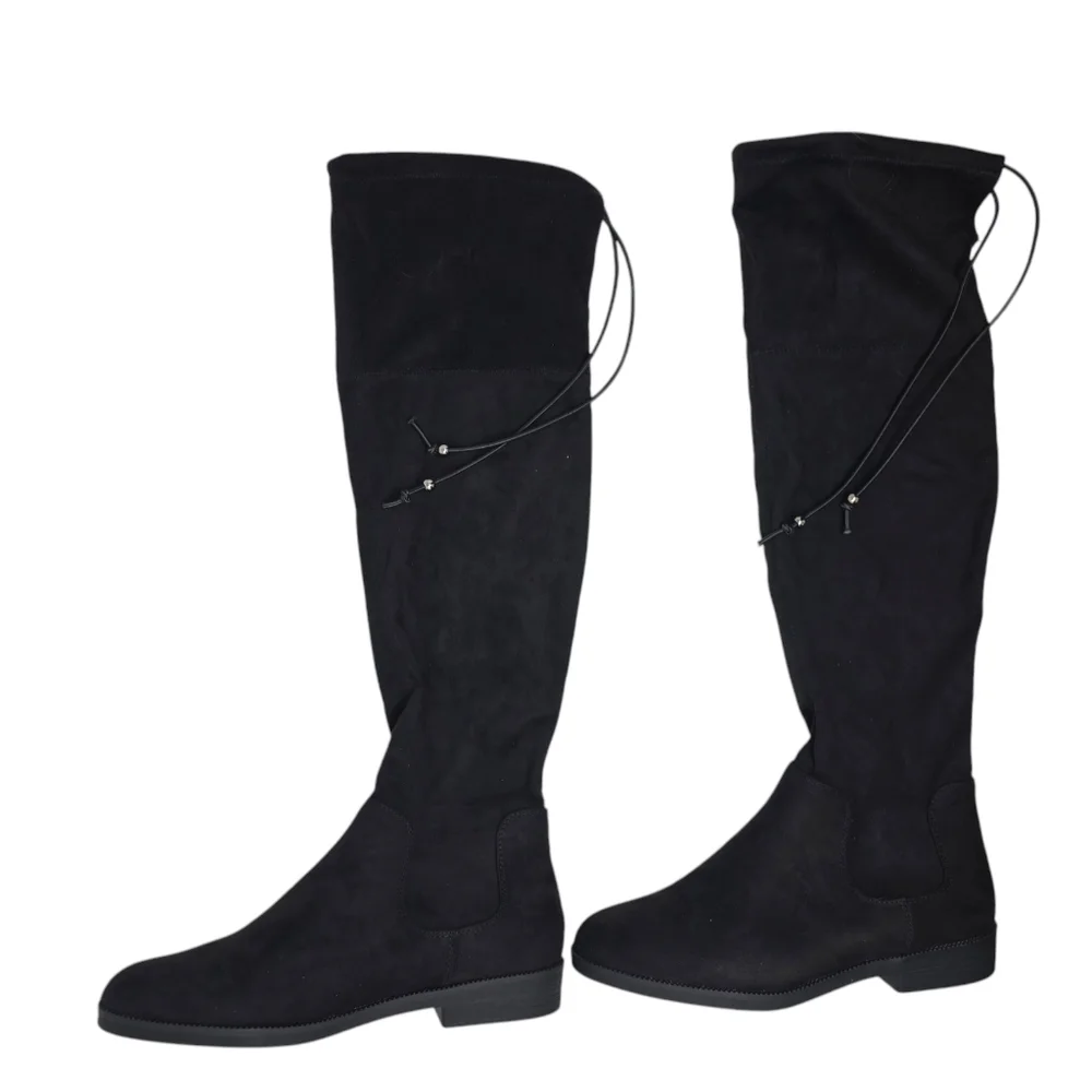 New Black Knee High Riding Boots 10 Kohls SO Velour Englishmuffin Back Tie Shoes